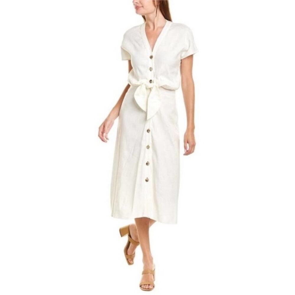 Veronica Beard Giana Tie‑Waist Linen Blend Midi Dress in Cream